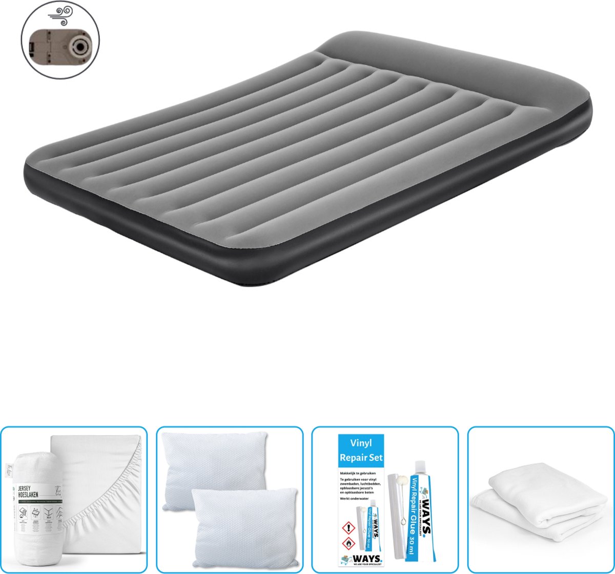 Bestway luchtbed - 2-Persoons - 152 x 203 x 30 cm - Grijs - Inclusief pomp - Hoeslaken - Kussen - Kussenbeschermer en Reparatieset