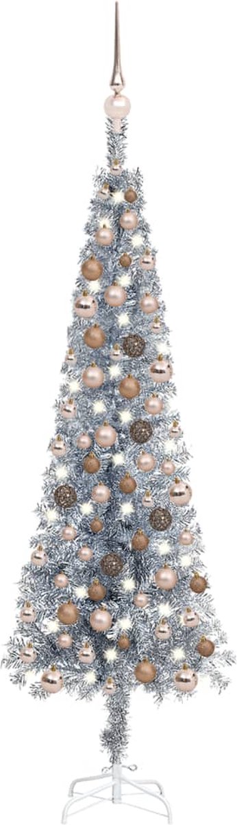 Prolenta Premium - Kerstboom met LED's en kerstballen smal 120 cm zilverkleurig