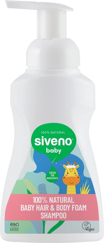 Fles witte schuimende babyshampoo met afbeeldingen van een giraffe en abstracte vormen. "100% NATURAL BABY HAIR & BODY FOAM SHAMPOO".