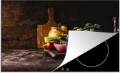 KitchenYeah® Inductie beschermer 78x52 cm - Rustiek - Stilleven - Pan - Groente - Kookplaataccessoires - Afdekplaat voor kookplaat - Inductiebeschermer - Inductiemat - Inductieplaat mat