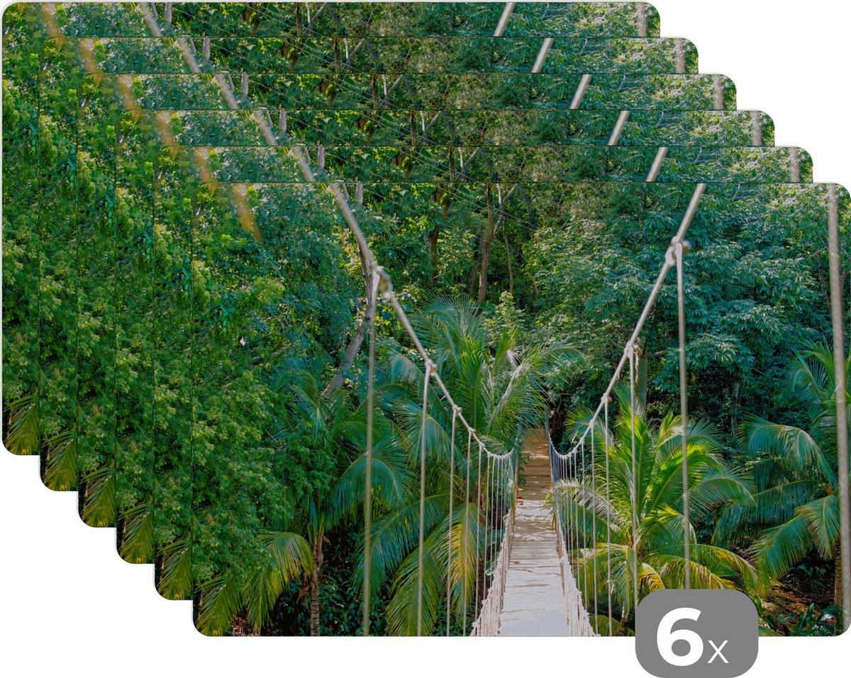 Placemat kinderen - Placemat - Placemats kunststof - Jungle - Palmboom - Brug - Natuur - Planten - 45x30 cm - 6 stuks - Hittebestendig - Anti-Slip - Onderlegger - Afneembaar