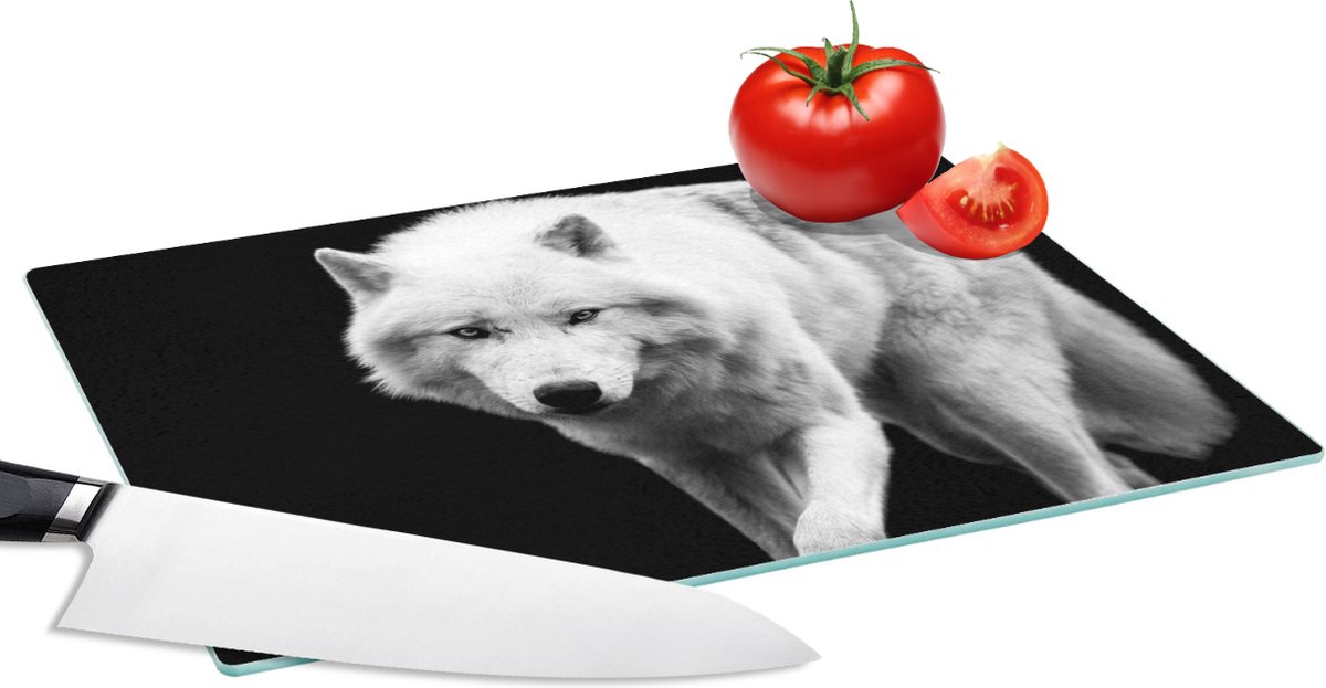 Glazen Snijplank - 28x20 - Wolf - Dier - Zwart - Wit - Snijplanken Glas