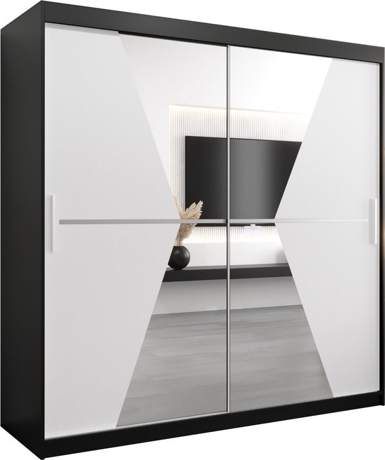 InspireMe - Kledingkast met 2 schuifdeuren, Modern-stijl, Een kledingkast met planken en een spiegel (BxHxD): 200x200x62 - TOTO 200 Zwart Mat + Wit Mat