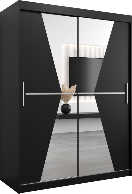 Zwarte kledingkast met twee spiegeldeuren met een geometrisch design, horizontale zilveren handgrepen.
