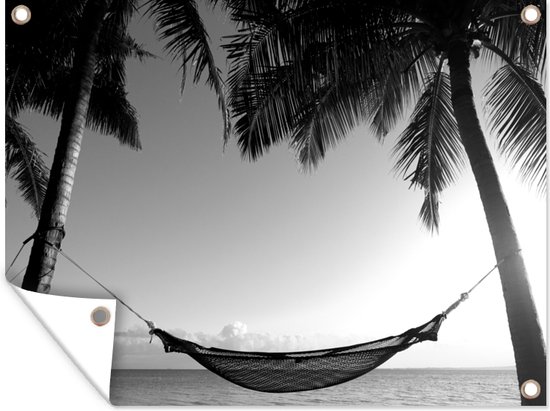 Tuinposter - Tuindoek - Tuinposters buiten - Palmbomen op een tropisch strand - zwart wit - 120x90 cm - Tuin