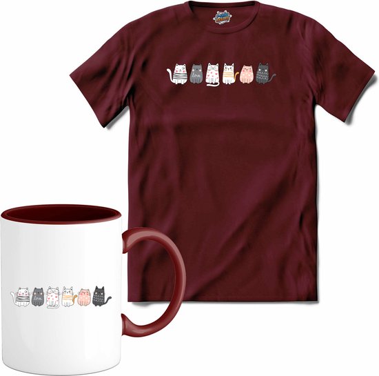 Katten vrienden - T-Shirt met mok - Heren - Burgundy