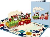 Popcards Popupkaarten - Grote Vrolijke Kerstkaart met Pinguïns in Kersttreintje pop-up wenskaart 3d-kaart