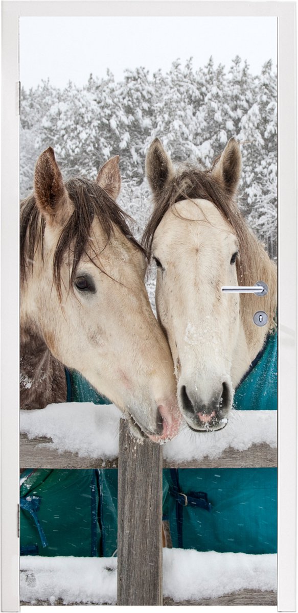 Deurposter 95x215 cm - Deursticker Paarden - Deken - Sneeuw - Meubelfolie zelfklevend - De