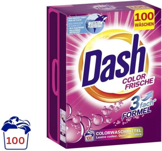 Lessive Dash Color Frische, 100 lavages, formule 3x. Boîte violette avec le texte "Dash Color Frische" et des bulles, avec symbole de linge.