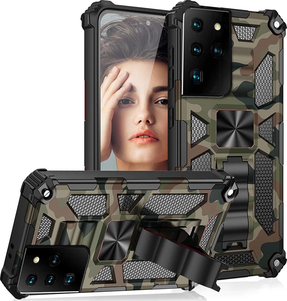 Samsung S21 Ultra hoesje rugged extreme backcover met kickstand Camouflage - Groen