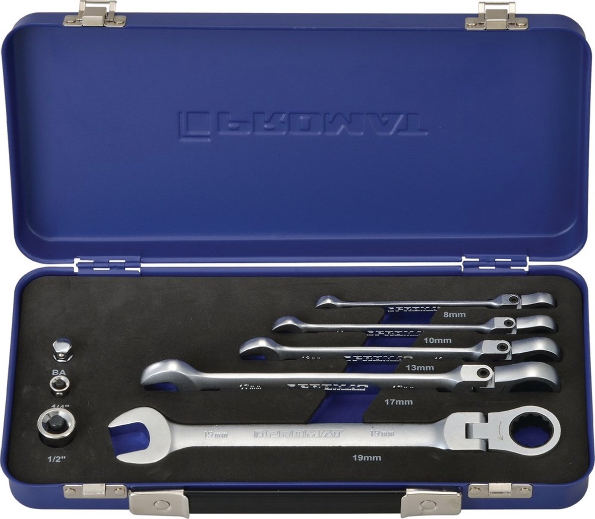 Promat 8-delige steek-/ringratelsleutel-set flexibele kop - 8-19mm