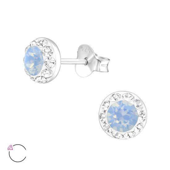 Joy|S - Zilveren ronde oorbellen - 6 mm - blauw wit Swarovski kristal - classic oorknoppen