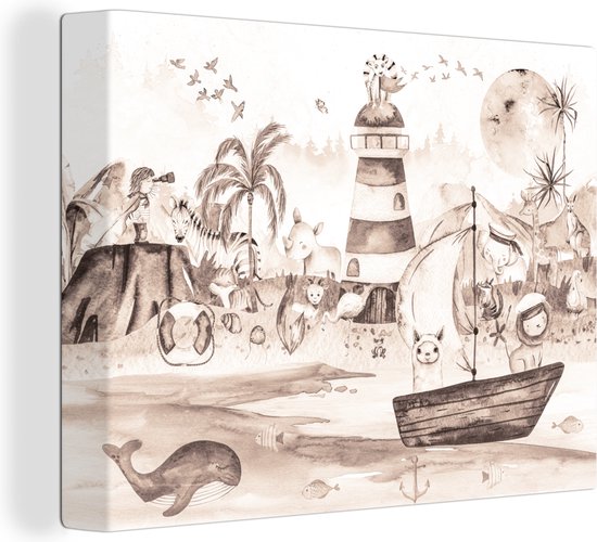 Canvas - Kinderen - Dieren - Vuurtoren - Strand - Boot - Vogels - Canvas schilderij - Schilderijen op canvas - 160x120 cm