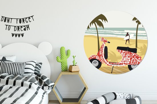 Illustration d'une Vespa rouge sur la plage Cercle mural aluminium ⌀ 140 cm