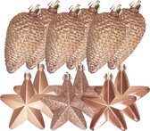Decoris Kersthangers - 12 ST - dennenappels en sterren kerstornamenten - kunststof - bruin