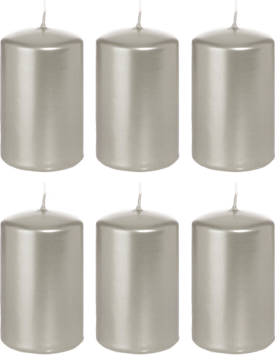 Trend Candles Cilinderkaars/stompkaars - 6x - zilver - 5 x 8 cm - 18 branduren - horeca kaarsen