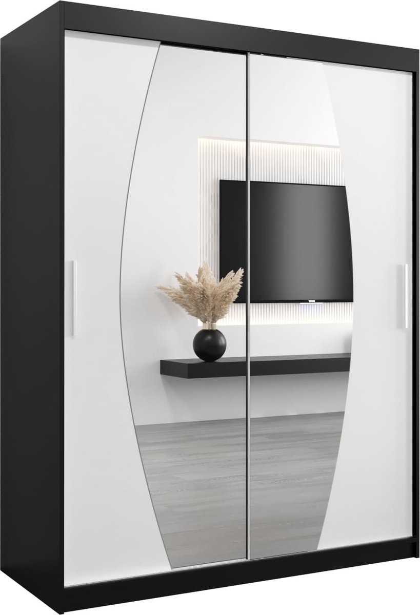 InspireMe - Kledingkast met 2 schuifdeuren, Modern-stijl, Een kledingkast met planken en een spiegel (BxHxD): 150x200x62 - GLOBE 150 Zwart Mat + Wit Mat met 2 lades