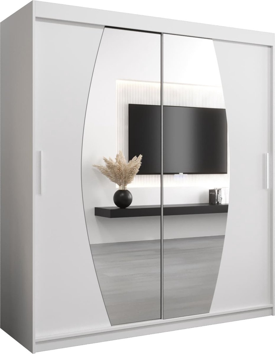 InspireME Kledingkast met 2 schuifdeuren, Modern-stijl, Een kledingkast met planken en een spiegel (BxHxD): 180x200x62 - GLOBE 180 Wit Mat