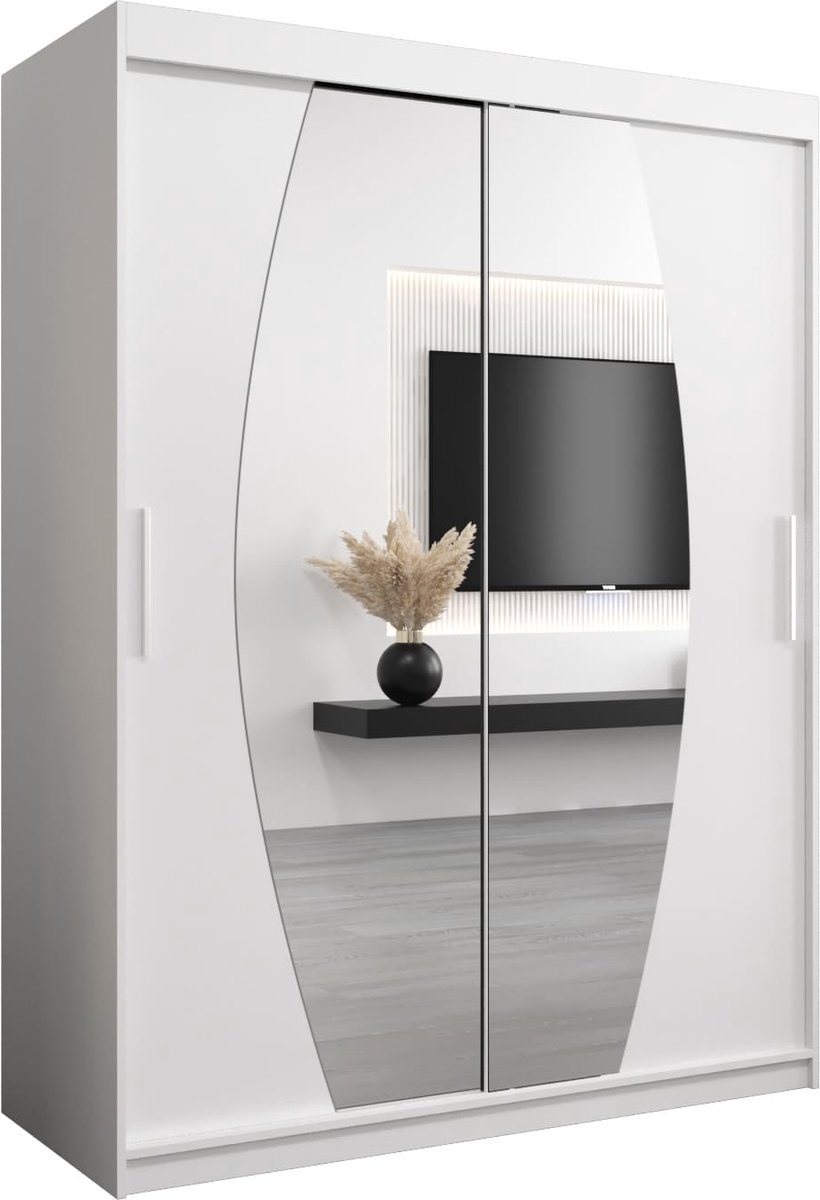 InspireME Kledingkast met 2 schuifdeuren, Modern-stijl, Een kledingkast met planken en een spiegel (BxHxD): 150x200x62 - GLOBE 150 Wit Mat