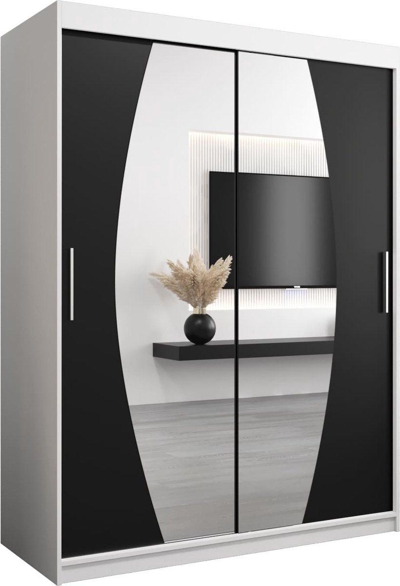 InspireME Kledingkast met 2 schuifdeuren, Modern-stijl, Een kledingkast met planken en een spiegel (BxHxD): 150x200x62 - GLOBE 150 Wit Mat + Zwart