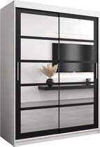 InspireMe - Kledingkast met 2 schuifdeuren, Modern-stijl, Een kledingkast met planken en een spiegel (BxHxD): 150x200x62 - VENEZIA II 150 Wit Mat + Zwart
