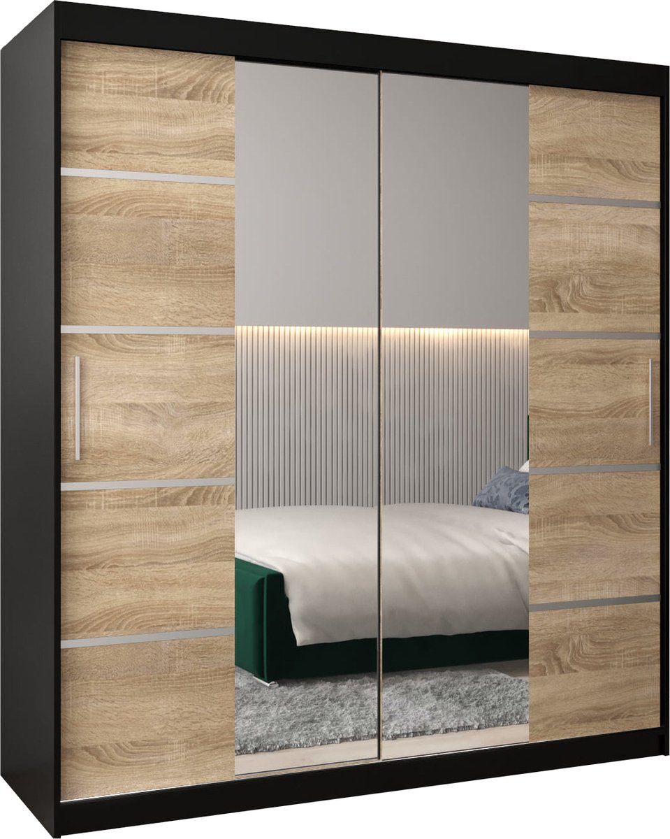 AJE Meubles B.V. InspireMe - Kledingkast met 2 schuifdeuren, Modern-stijl, Kledingkast met planken (BxHxD): 180x200x62 - VENTILA IV 180 Zwart Mat + Sonoma Eik met 4 lades
