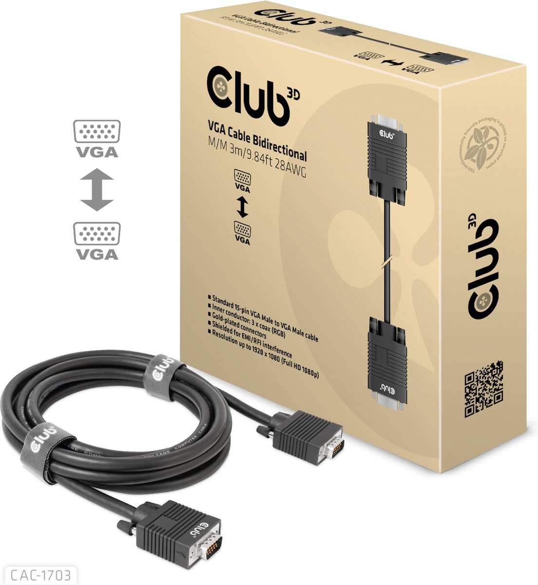 Club 3D VGA-kabel, bidirectioneel, man-man, 3 m, 28 AWG