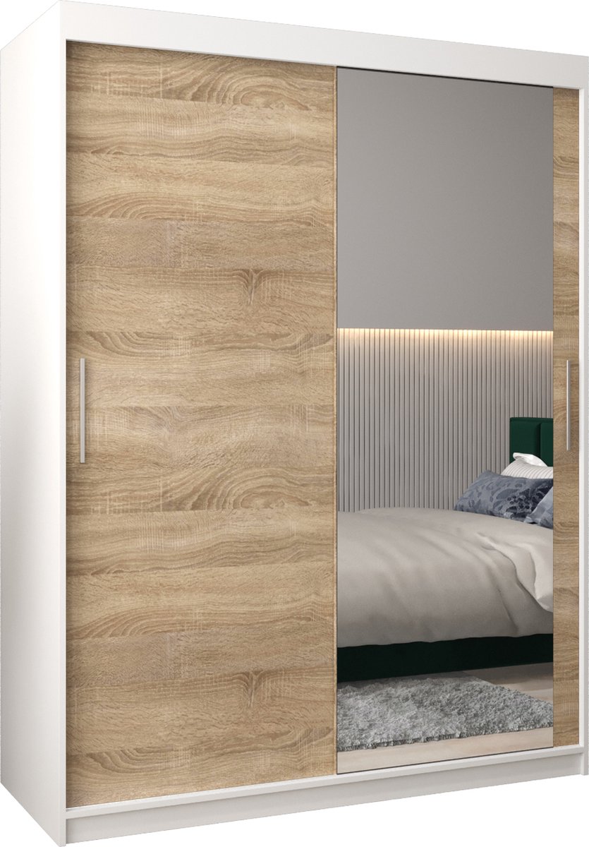 InspireME Kledingkast met 2 schuifdeuren, Modern-stijl, Kledingkast met planken (BxHxD): 150x200x62 - TORM II 150 Wit Mat + Sonoma Eik
