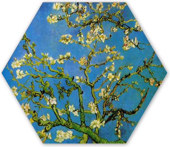 Hexagon wanddecoratie - Kunststof Wanddecoratie - Hexagon Schilderij - Amandelbloesem - Vincent van Gogh - 120x103 cm