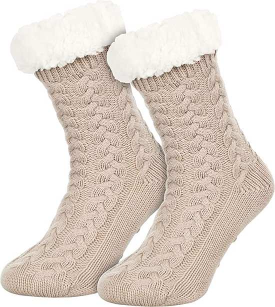 Huissokken Dames en Heren - Beige - Anti Slip Sokken - One Size - Dikke - Winter - Fleece - Fluffy - Verwarmde - Slofsokken - Bedsokken - Gevoerde Sokken - Cadeau voor hem haar - Valentijn - Malinsi