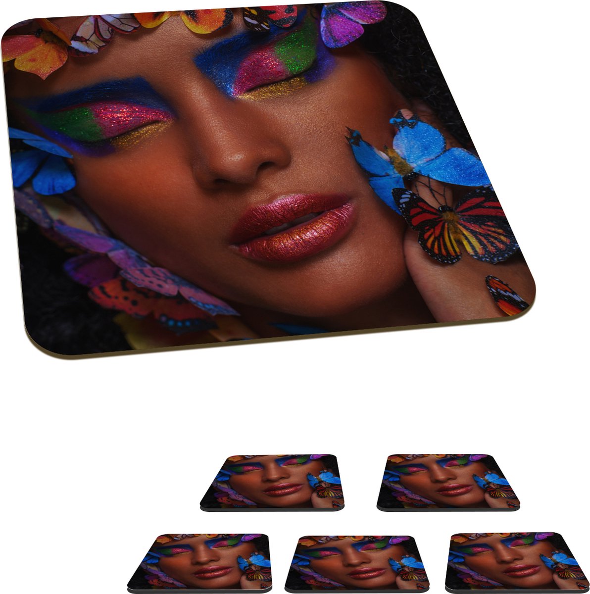 Onderzetters voor glazen - Vrouw - Oogschaduw - Vlinders - 10x10 cm - Glasonderzetters - 6 stuks