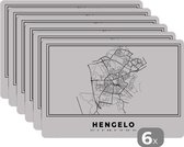 Placemat - Placemats kunststof - Nederland – Hengelo – Stadskaart – Kaart – Zwart Wit – Plattegrond - 45x30 cm - 6 stuks - Hittebestendig - Anti-Slip - Onderlegger - Afneembaar
