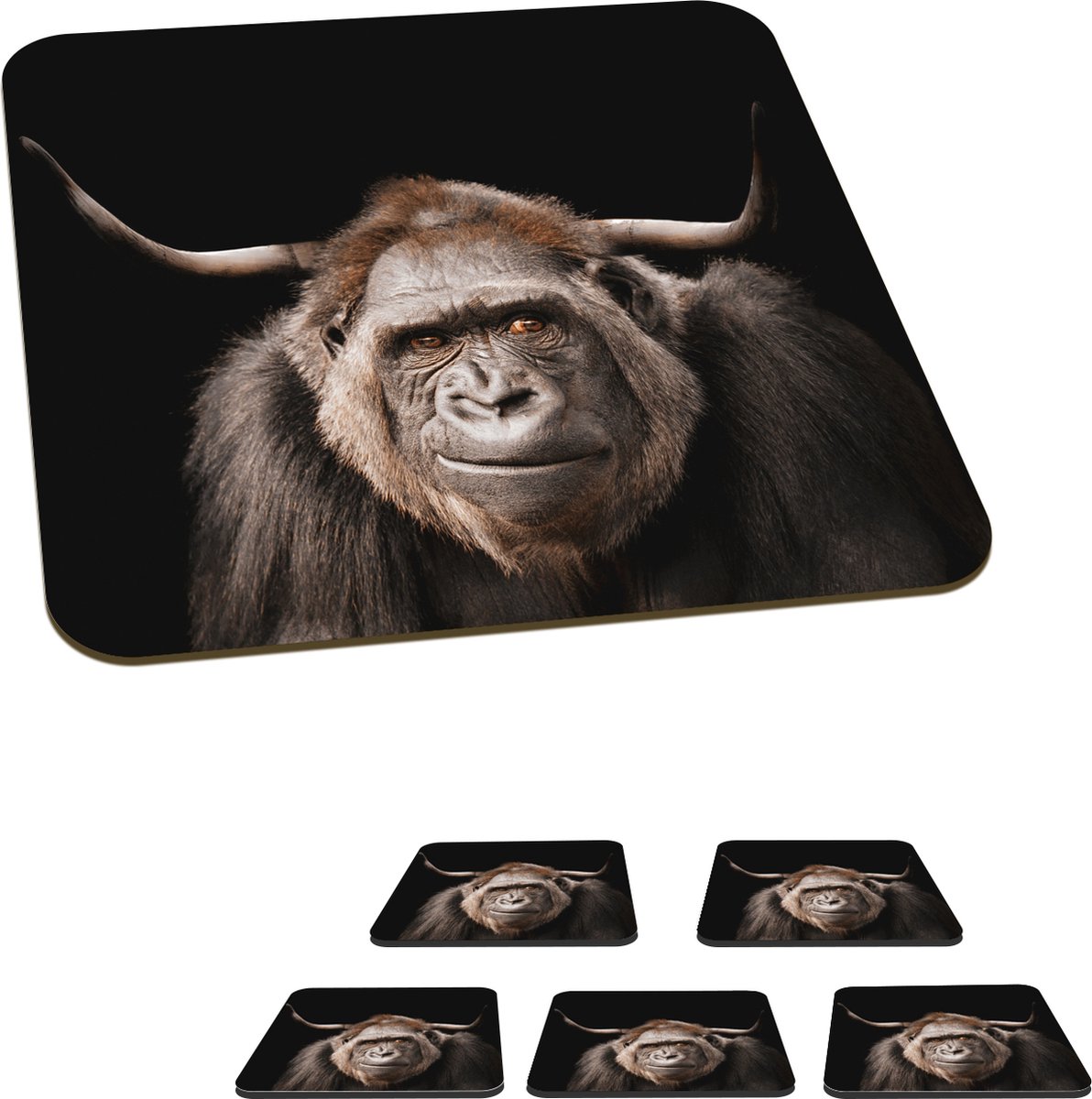 Onderzetters voor glazen - Gorilla - Zwart - Dier - 10x10 cm - Glasonderzetters - 6 stuks