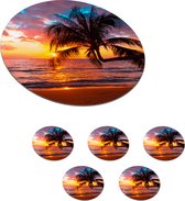 Onderzetters voor glazen - Rond - Palm - Zonsondergang - Strand - Zee - Horizon - 10x10 cm - Glasonderzetters - 6 stuks