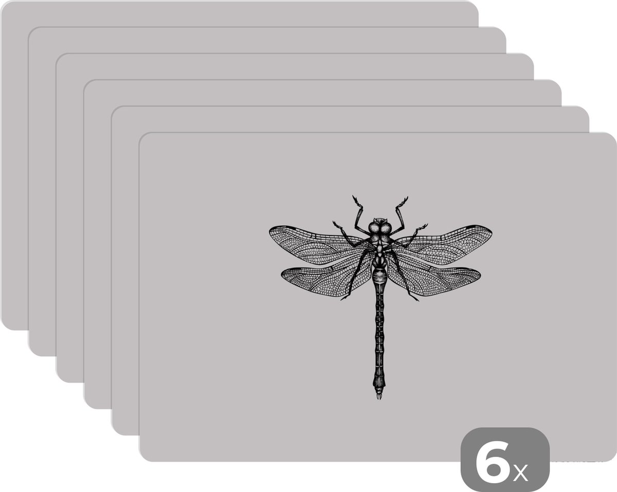 Placemat - Placemats kunststof - Libelle - Insecten - Retro - Zwart wit - 45x30 cm - 6 stuks - Hittebestendig - Anti-Slip - Onderlegger - Afneembaar