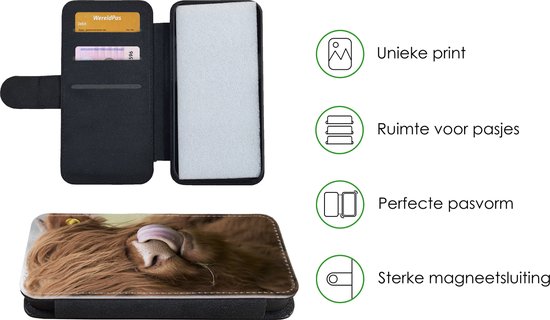 Bookcase téléphone iPhone 13 Mini Bookcase - Scottish Highlander - Marron - Animaux - Avec compartiments - Étui portefeuille avec fermeture magnétique