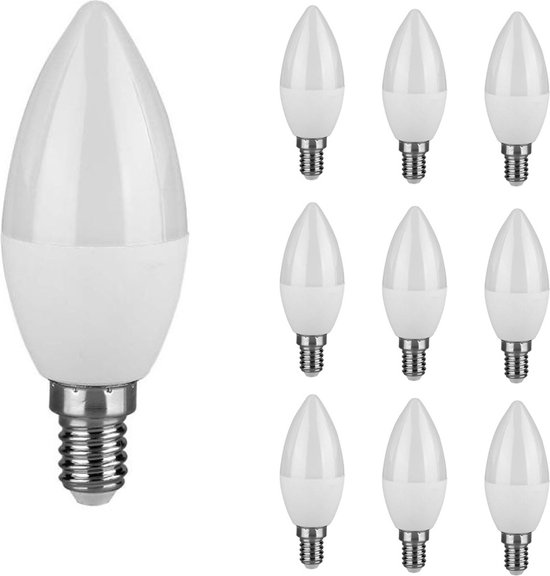V-TAC - Mega Voordeelpack - 10x E14 LED Lampen - 4,5 Watt 470 Lumen - 6500K Daglicht wit - Vervangt 40 Watt - C37 Kaars - LED Kaarslamp