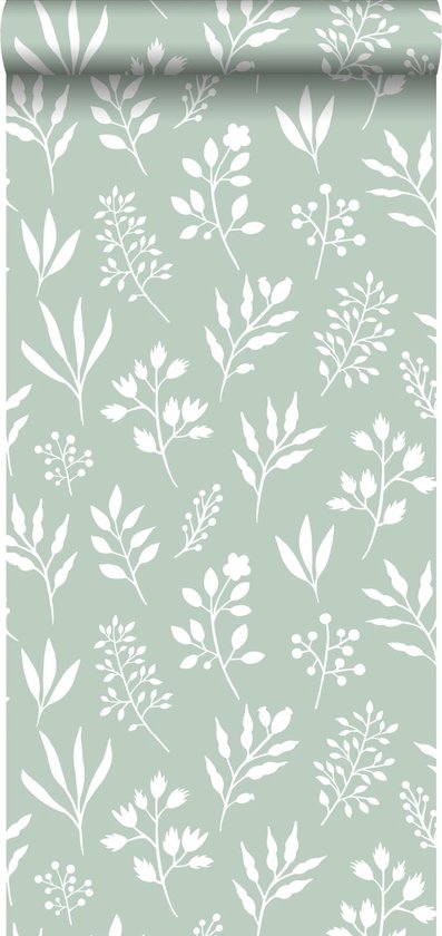 ESTAhome papier peint motif floral de style scandinave vert menthe et blanc