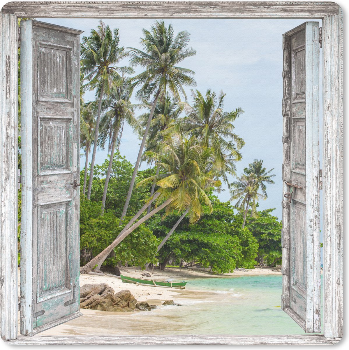 Muismat 20x20 cm - Mousepad Tropisch - Palmboom - Doorkijk - Zee - Muismatten