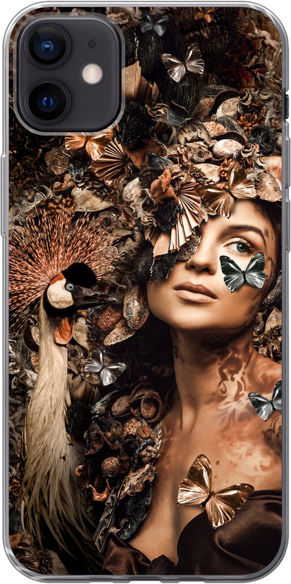Telefoonhoesje Geschikt voor iPhone 12 mini hoesje - Luxe - Vrouw - Dieren - Vlinders - Vogels - Siliconen Telefoonhoesje Telefoonhoesje