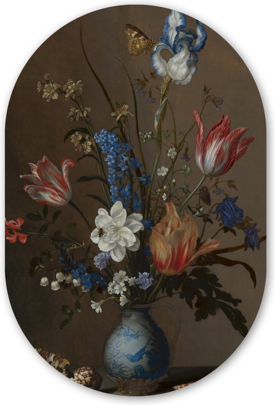 Muurovaal - Kunststof Wanddecoratie - Ovalen Schilderij - Bloemen in een Wan-Li vaas en schelpen - Schilderij van Balthasar van der Ast - 40x60 cm - Ovale spiegel vorm op kunststof