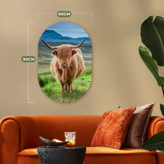 Ovale Mural - Décoration murale Plastique - Peinture Ovale - Highlander écossais - Vache - Nature - Berg - Herbe - 60x90 cm - Forme miroir ovale sur plastique