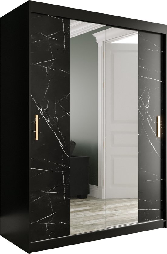 InspireMe - Kledingkast met 2 schuifdeuren, Modern-stijl, Een kledingkast met planken (BxHxD): 150x200x62 - MARMORO T1 150 Zwart Marmer