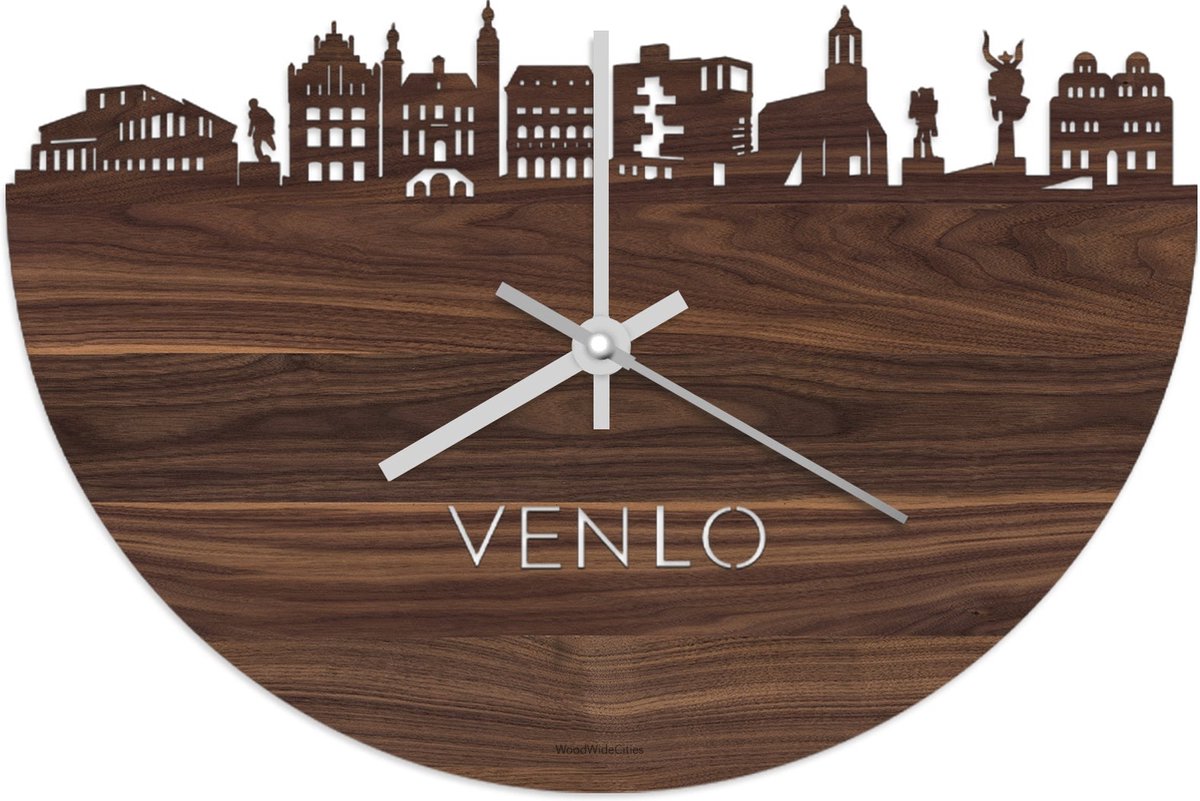 Skyline Klok Venlo Notenhout - Ø 40 cm - Stil uurwerk - Wanddecoratie - Meer steden beschikbaar - Woonkamer idee - Woondecoratie - City Art - Steden kunst - Cadeau voor hem - Cadeau voor haar - Jubileum - Trouwerij - Housewarming - WoodWideCities