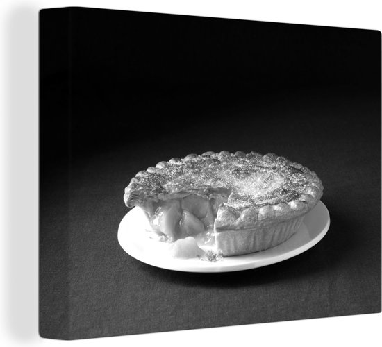 Canvas Schilderij Een stukje appeltaart op een wit bord - zwart wit - 40x30 cm - Wanddecoratie - OneMillionCanvasses