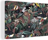 Canvas Schilderij Bloemen - Toekan - Bladeren - 60x40 cm - Wanddecoratie