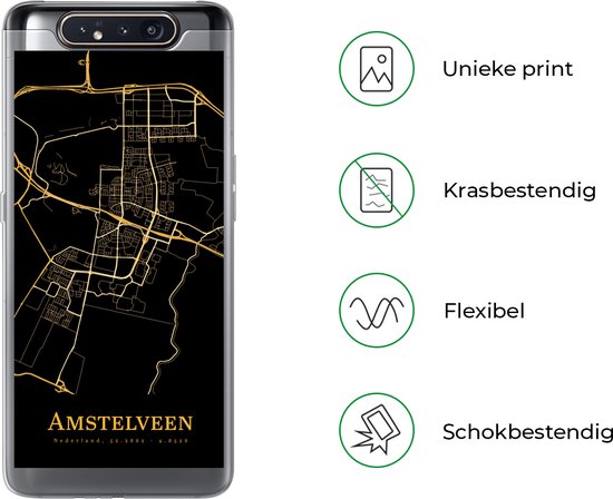 Telefoonhoesje Geschikt voor Samsung Galaxy A80 hoesje - Amstelveen - Stadskaart - Goud - Siliconen Telefoonhoesje Telefoonhoesje