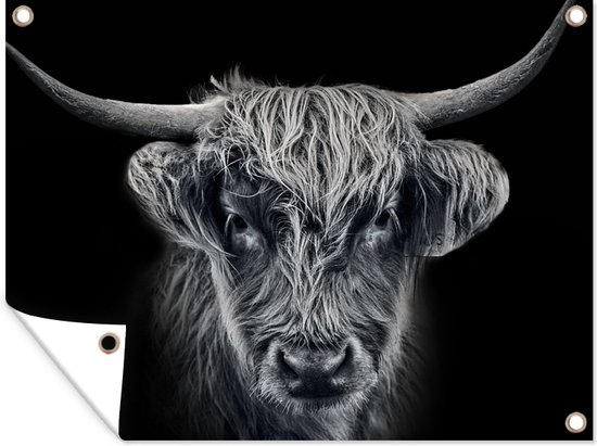 Affiche de jardin Highlander écossais - Zwart - Vache - Animaux - 130x90 cm - Décoration murale extérieure - Affiche de jardin - Toile de jardin - Affiche de clôture - Peinture de jardin