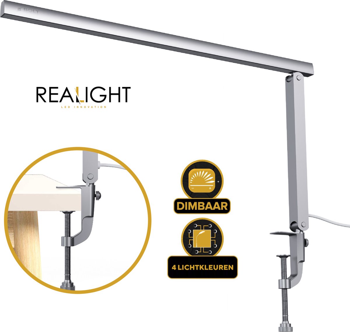 Realight dimbare bureaulamp – Krachtige LED Lamp met 4 Lichtkleuren – Gemakkelijk te bevestigen op bureaus tot 6 cm dik – 360° Rotatie – Duurzame LED lichten – Licht aluminium – 8 Watt - Zilver