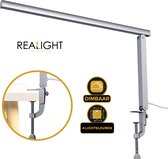Realight dimbare bureaulamp – Krachtige LED Lamp met 4 Lichtkleuren – Gemakkelijk te bevestigen op bureaus tot 6 cm dik – 360° Rotatie – LED lichten – Licht aluminium – 8 Watt - Zilver